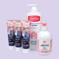 바세린 핸드네일로션 450ml + 울샴푸 손빨레세제 펌프형 + 핑크솔트 치약120g 3개 + 크라프트 끈케이스